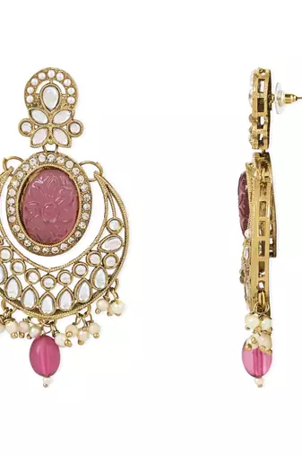 Traditional Pearl Hanging Kundan Stone Studed Chandbali Earring With Maang Tikka