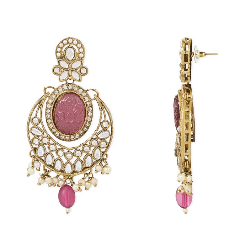 Traditional Pearl Hanging Kundan Stone Studed Chandbali Earring With Maang Tikka
