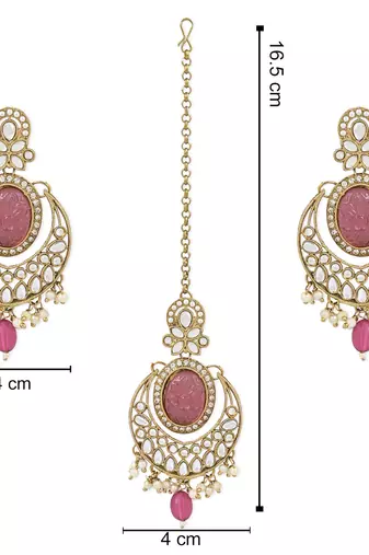 Traditional Pearl Hanging Kundan Stone Studed Chandbali Earring With Maang Tikka