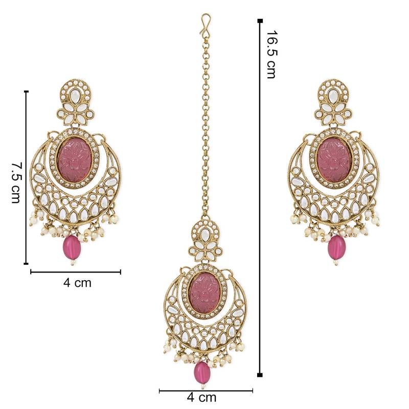 Traditional Pearl Hanging Kundan Stone Studed Chandbali Earring With Maang Tikka