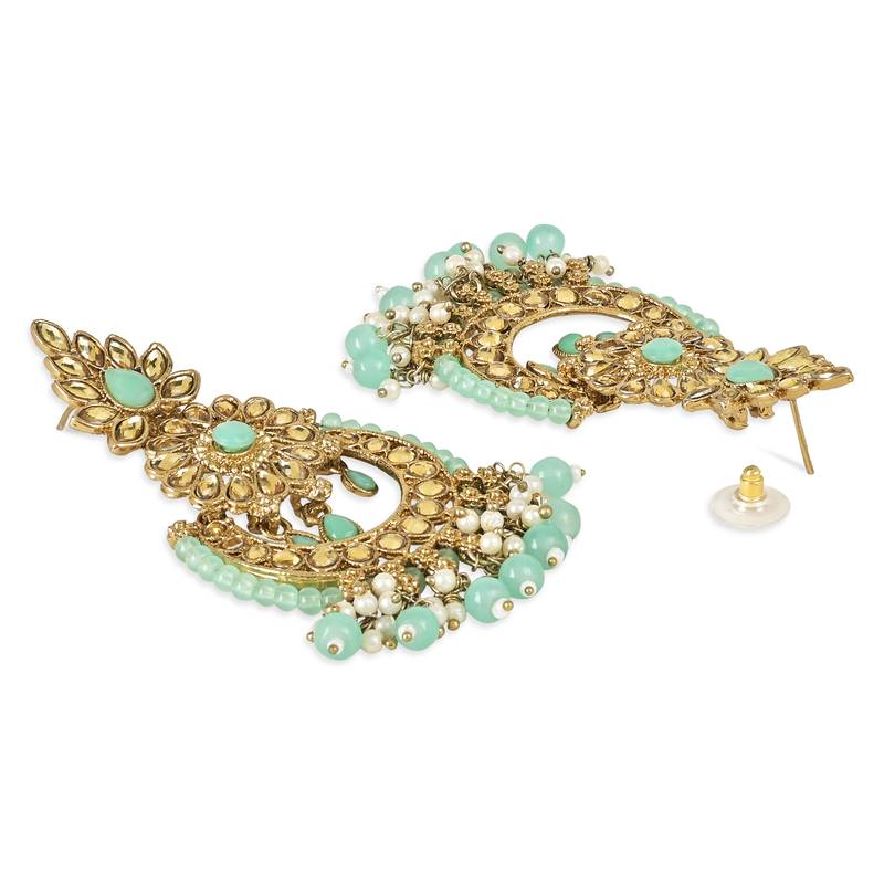 Traditional Kundan Pearl Drop Earrings With Maang Tikka Set