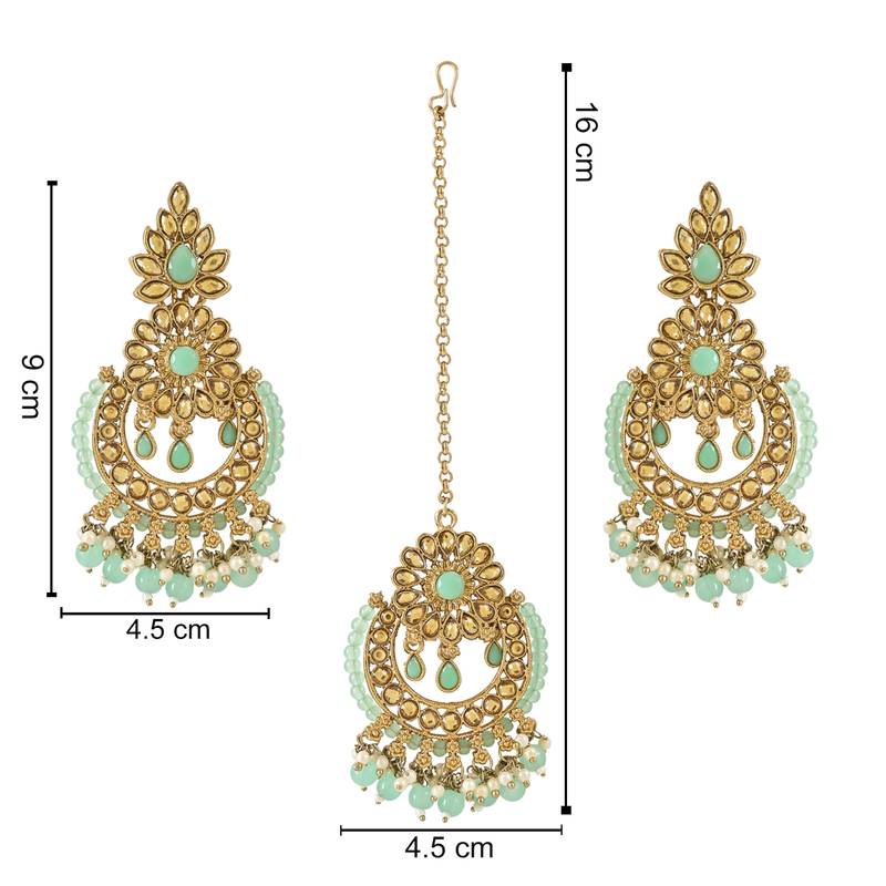 Traditional Kundan Pearl Drop Earrings With Maang Tikka Set