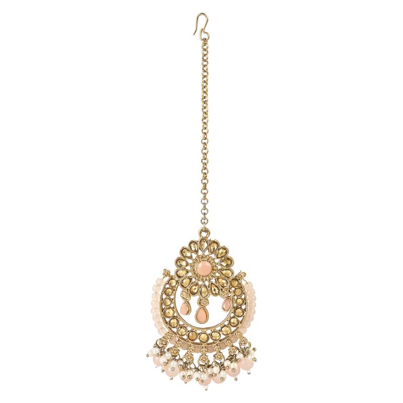Traditional Kundan Pearl Drop Earrings With Maang Tikka Set