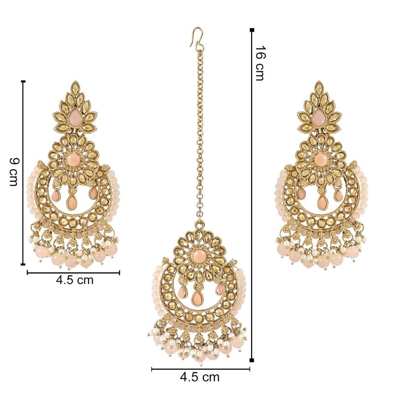 Traditional Kundan Pearl Drop Earrings With Maang Tikka Set