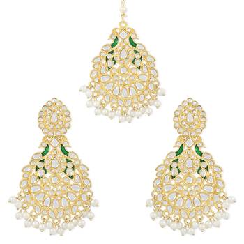 Traditional Kundan Pearl with Meena Work Chandbali Earrings with Maang Tikka Set 1