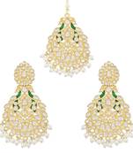 Traditional Kundan Pearl with Meena Work Chandbali Earrings with Maang Tikka Set