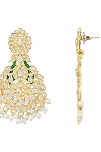 Traditional Kundan Pearl with Meena Work Chandbali Earrings with Maang Tikka Set