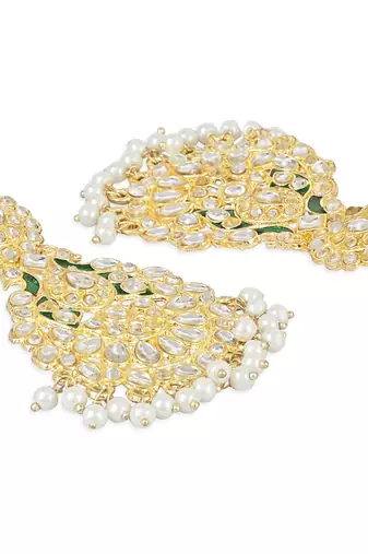 Traditional Kundan Pearl with Meena Work Chandbali Earrings with Maang Tikka Set