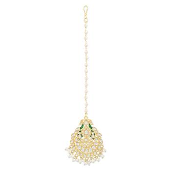 Traditional Kundan Pearl with Meena Work Chandbali Earrings with Maang Tikka Set 4