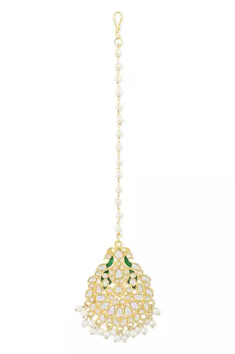Traditional Kundan Pearl with Meena Work Chandbali Earrings with Maang Tikka Set