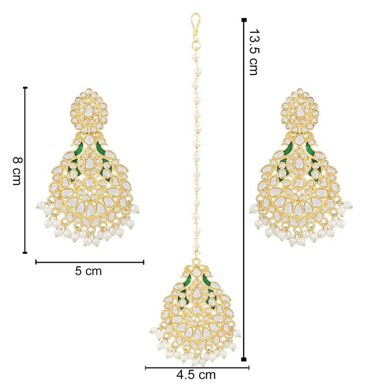 Traditional Kundan Pearl with Meena Work Chandbali Earrings with Maang Tikka Set