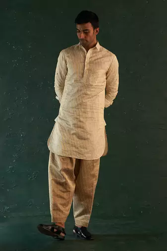 Ivory tissue striped kurta & salwar