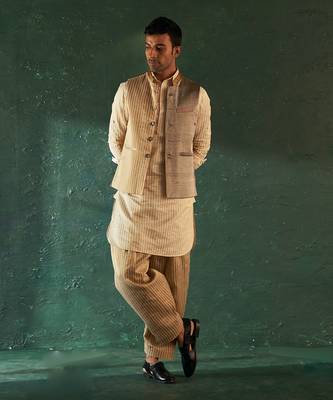 Ivory tissue striped kurta & salwar 4