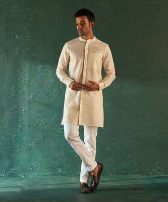 White chevron pattern cotton kurta with pant 1