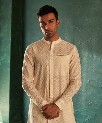 White chevron pattern cotton kurta with pant 2