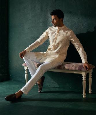 White chevron pattern cotton kurta with pant 5