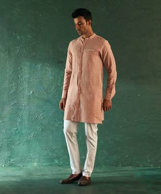 Rose pink chevron pattern straight kurta with pant 1