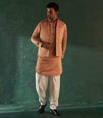 Rose pink tissue striped bundi & kurta set