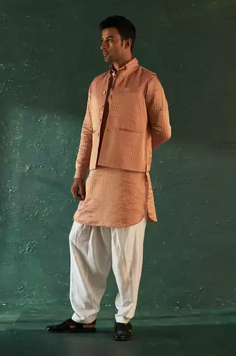 Rose pink tissue striped bundi & kurta set