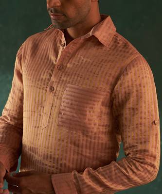 Rose pink tissue striped bundi & kurta set 3
