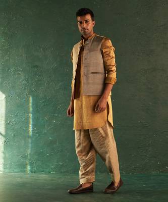 Multi color striped nehru jacket & kurta set 1
