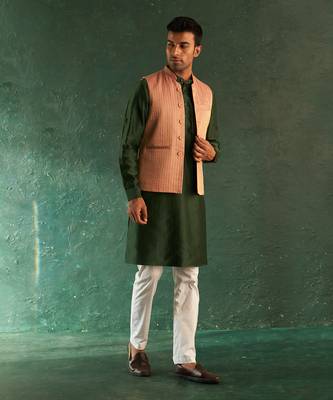 Rose pink striped bundi and kurta set 1