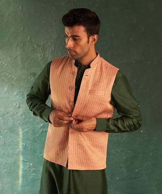 Rose pink striped bundi and kurta set 2
