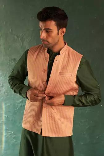 Rose pink striped bundi and kurta set