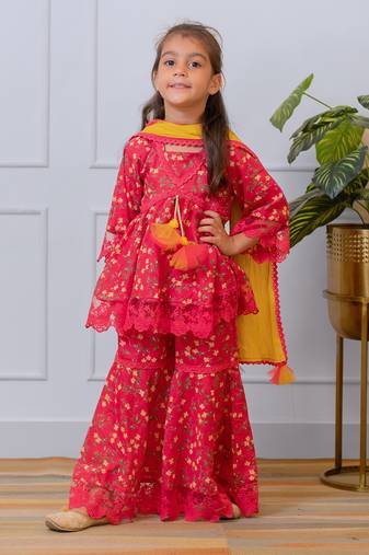 Pink printed kurti sharara set