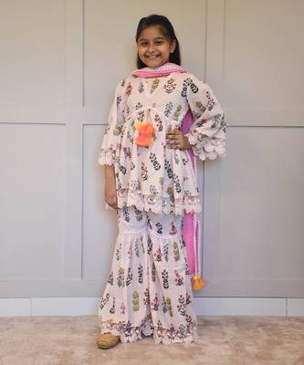Peach printed kurti sharara set 1