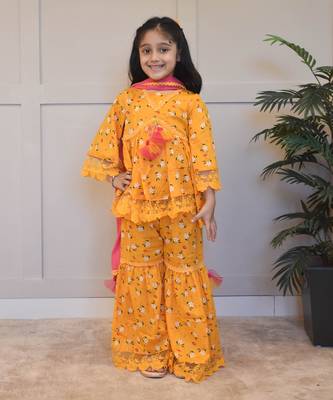 Mustard yellow printed kurti sharara set 1