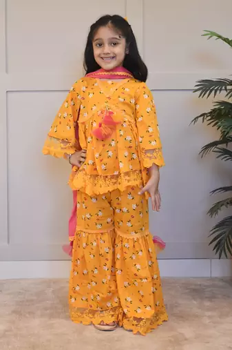 Mustard yellow printed kurti sharara set