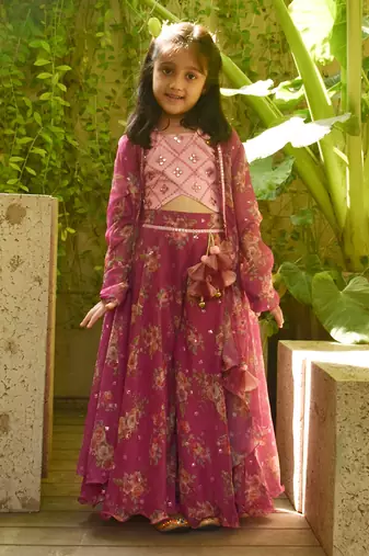 Pink top with printed sharara and cape