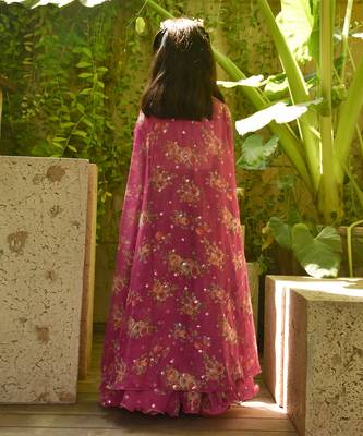 Pink top with printed sharara and cape 2
