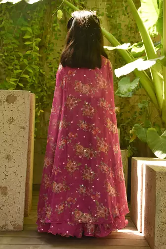 Pink top with printed sharara and cape