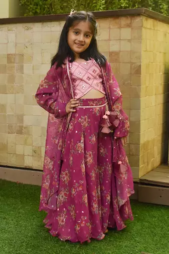 Pink top with printed sharara and cape