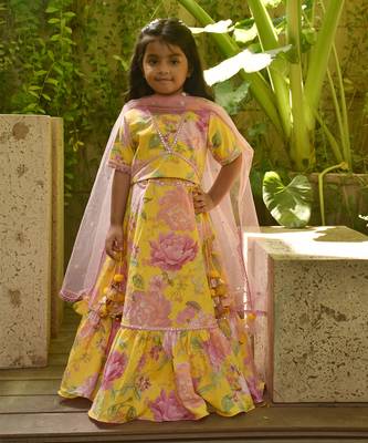 Yellow floral print lehenga set. 1