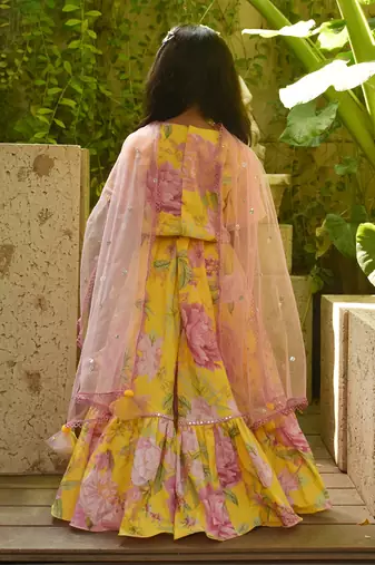 Yellow floral print lehenga set.