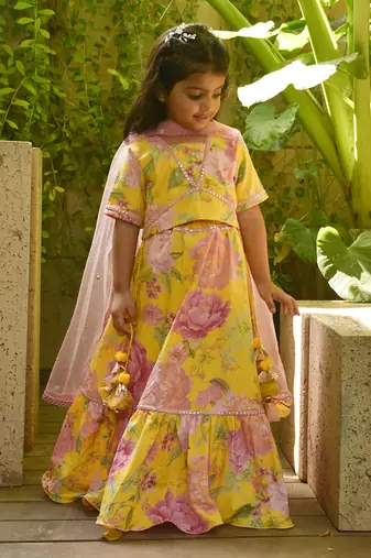 Yellow floral print lehenga set.