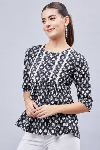 Winred women black and white printed yoke lace top