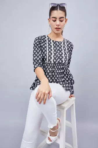 Winred women black and white printed yoke lace top