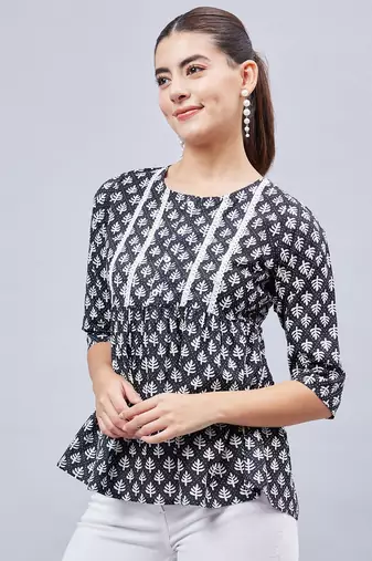 Winred women black and white printed yoke lace top