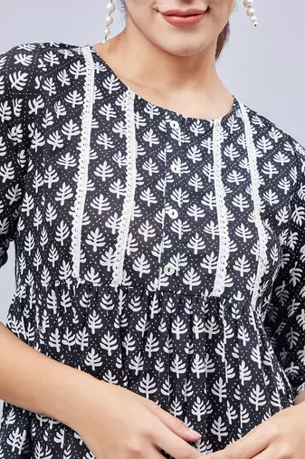 Winred women black and white printed yoke lace top