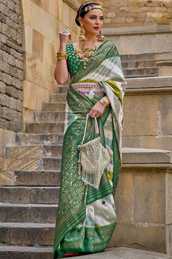 Green Woven Jari Designer, Digital Printed V P Silk Free Size Partywear Saree Saree