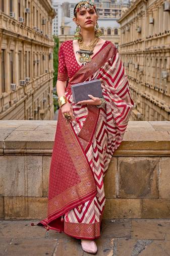 Red Woven Jari Designer, Digital Printed V P Silk Free Size Partywear Saree Saree