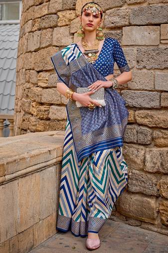 Blue Woven Jari Designer, Digital Printed V P Silk Free Size Partywear Saree Saree
