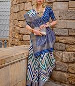 Blue Woven Jari Designer, Digital Printed V P Silk Free Size Partywear Saree Saree