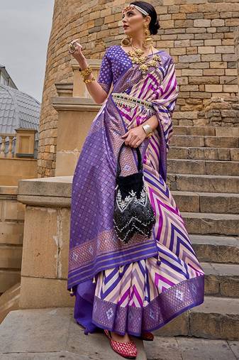 Purple Woven Jari Designer, Digital Printed V P Silk Free Size Partywear Saree Saree