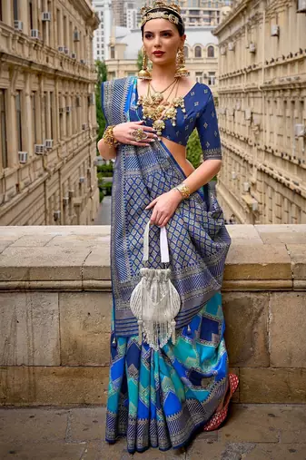Blue Woven Jari Designer, Digital Printed V P Silk Free Size Partywear Saree Saree
