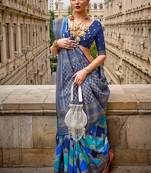 Blue Woven Jari Designer, Digital Printed V P Silk Free Size Partywear Saree Saree